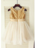 Gold Sequin Ivory Tulle Curly Hem Flower Girl Dress With Flower Sash